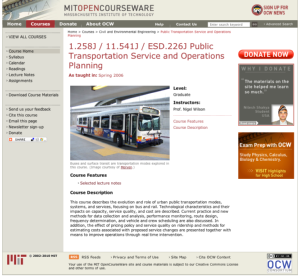 Screenshot for MIT Open CourseWare: Public Transportation Service and Operations Planning