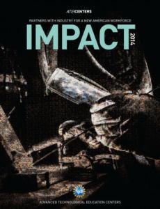 The cover photo of ATE Centers Impact is a mosaic that represents the 40 ATE centers and two large projects featured in the national publication. It is inspired by a photo of a technician performing gas tungsten arc welding that was provided by the National Center for Welding Education and Training (Weld-Ed).