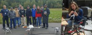 After operating “bad guy” drones during a training exercise at the New York State Emergency Preparedness Center, Mohawk Valley Community College students and faculty met with law enforcement officers in fall 2018. Student Annie Born, in red coat in left photo, repairs a small, flight-trainer drone in the right photo.