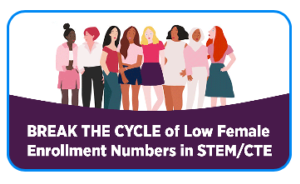 Illustration of a diverse group of women above text reading "BREAK THE CYCLE of Low Female Enrollment Numbers in STEM/CTE."
