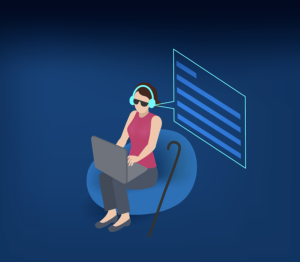A cartoon drawing of a visually impaired woman sitting on a cushion participating in a virtual meeting. 