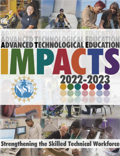 : The front cover of the 2022-2023 ATE Impacts Book, featuring pictures of ATE community members
