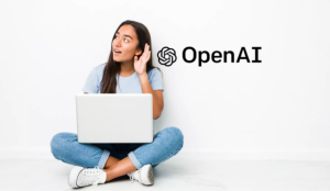 An image of a young adult on a computer with an OpenAi logo next to them