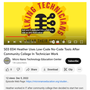 Screenshot for Talking Technicians: Heather Uses Low-Code No-Code Tools After Community College in Technician Work (Episode 4)