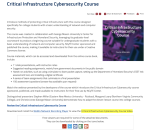 Screenshot for Critical Infrastructure Cybersecurity Course