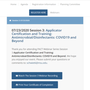 Screenshot for PACT Meeting: Applicator Certification and Training, Antimicrobial/Disinfectants, COVID-19 and Beyond (Session 3 of 11)