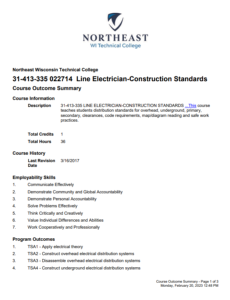 Screenshot for Line Electrician-Construction Standards: Course Outcome Summary