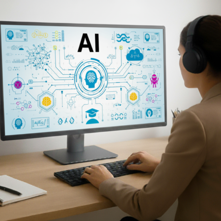 Image of a woman at the computer doing AI training